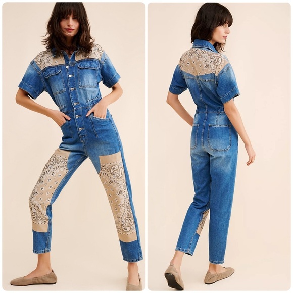Free People Pants - New! Free People x Tricia Fix Tan Bandana Patchwork Blue Denim Jumpsuit💙 Medium